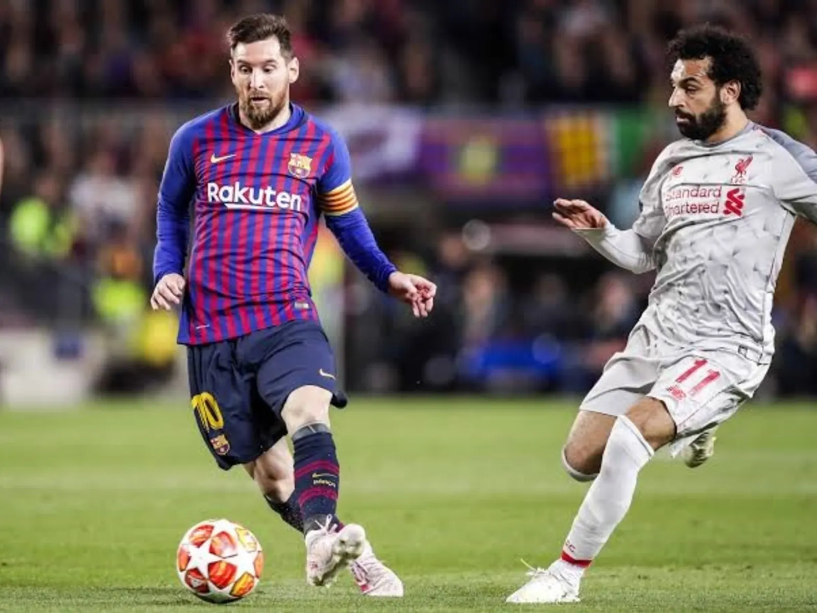 A split image showing Lionel Messi in an Argentina kit and Mohamed Salah in an Egypt kit.