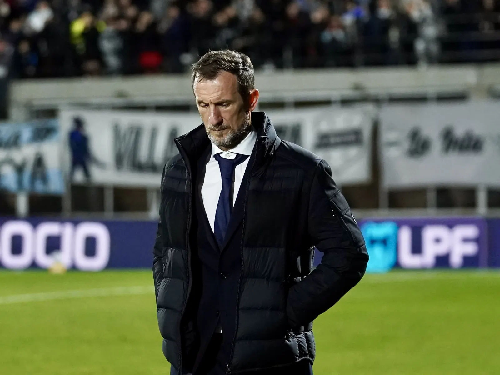 Boca Juniors head coach Rodolfo Arruabarrena speaking during a press conference after the 3-0 loss to Riestra at the Guillermo Laza stadium in Buenos Aires