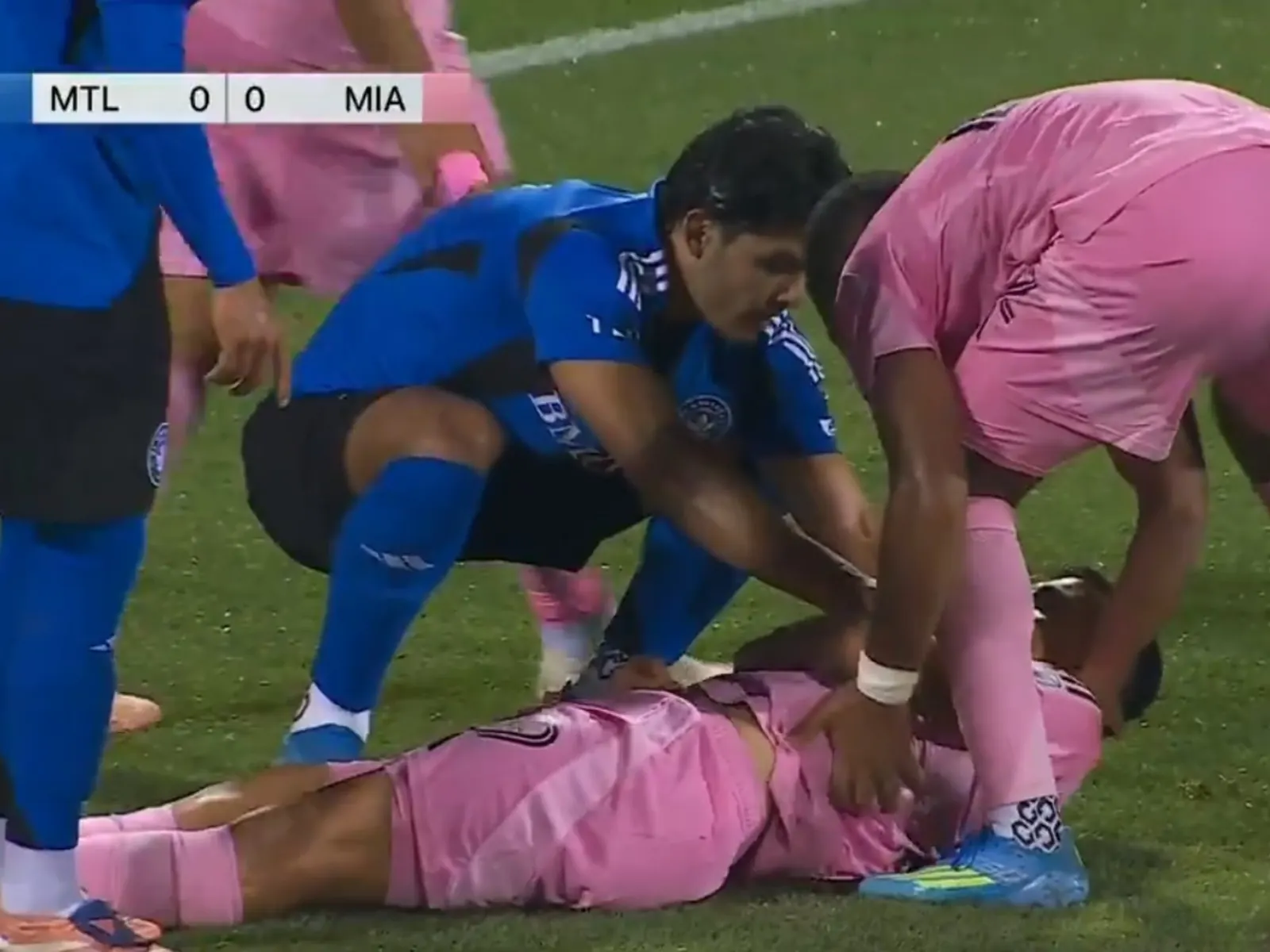 Germán Berterame of Inter Miami receiving medical attention after a head collision during an MLS match against CF Montreal