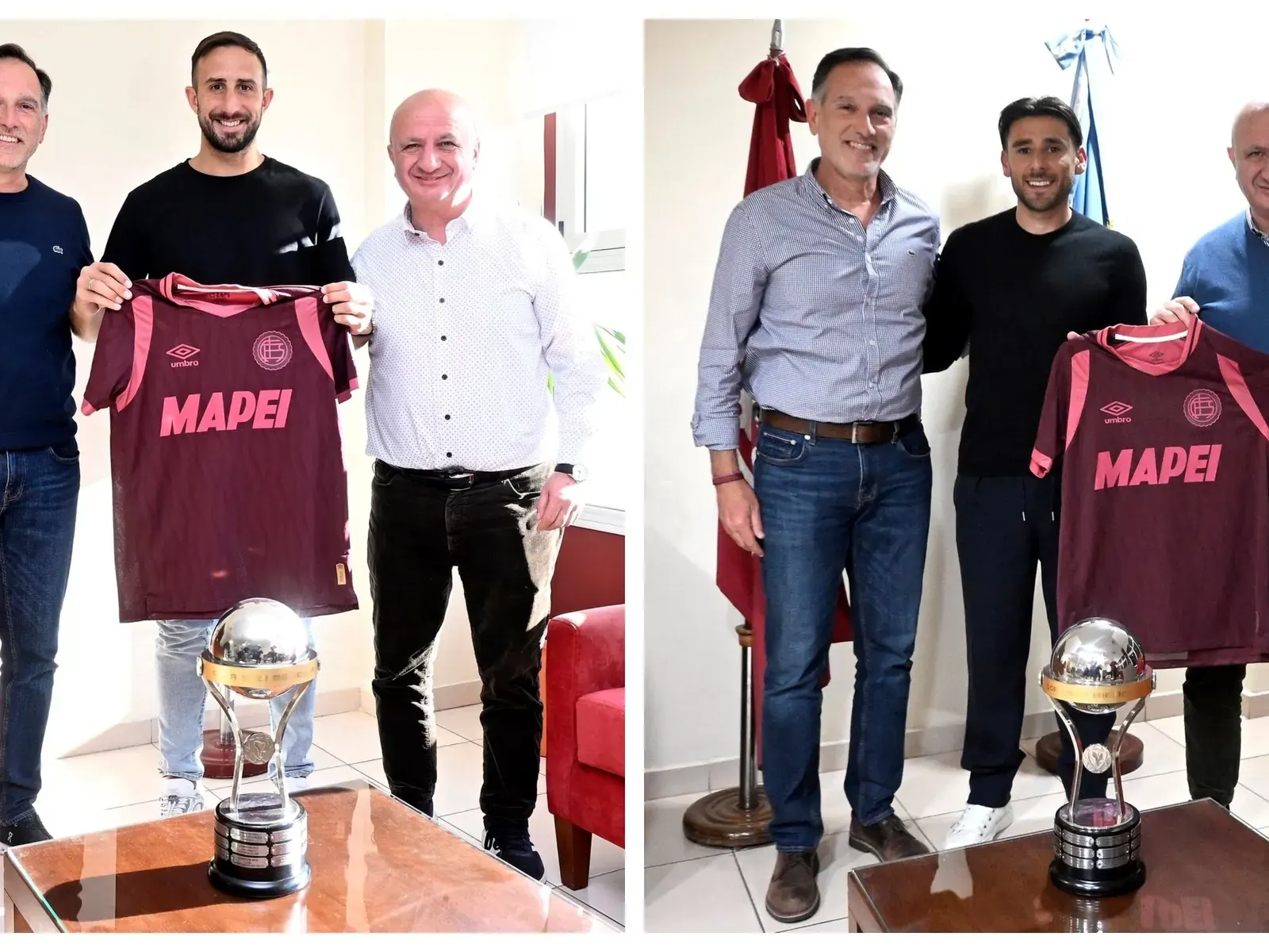 Carlos Izquierdoz and Eduardo Salvio pictured with Lanus club president Nicolas Russo and vice president Alejandro Maron after signing contract extensions.