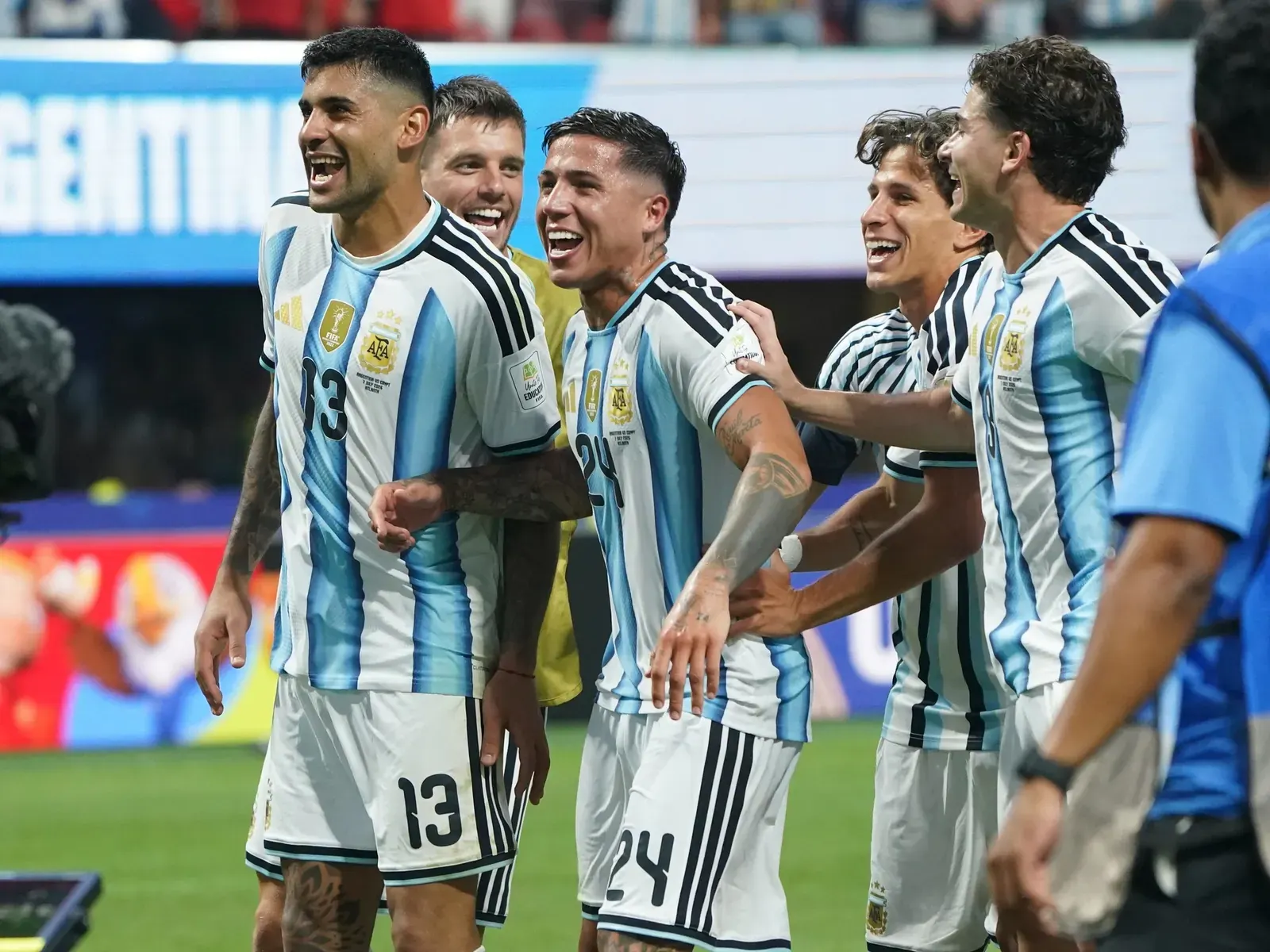 Argentina players gather during a World Cup match