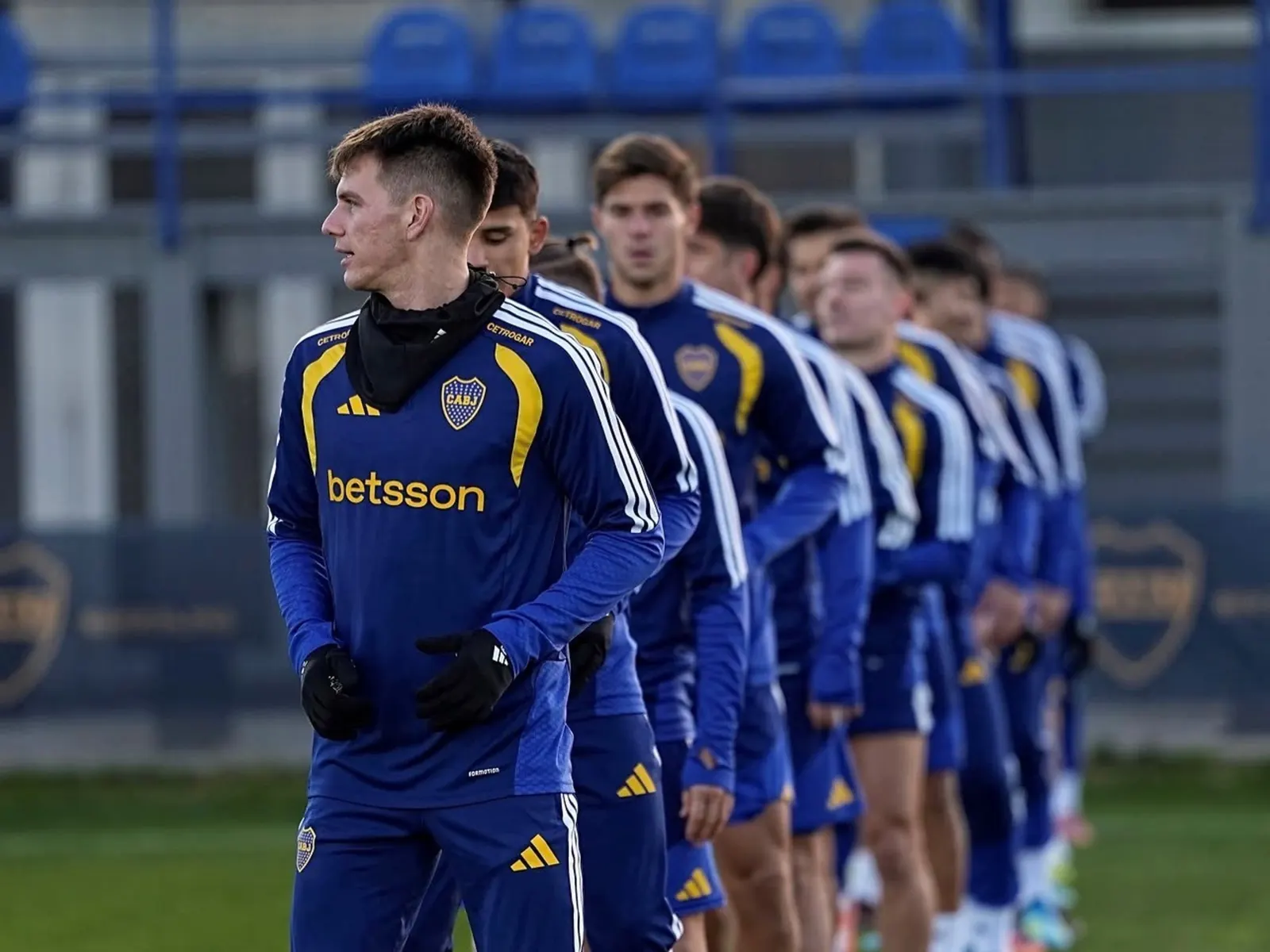 Boca Juniors players Carlos Palacios and Milton Giménez during a training session at Boca Predio in Ezeiza, July 2026