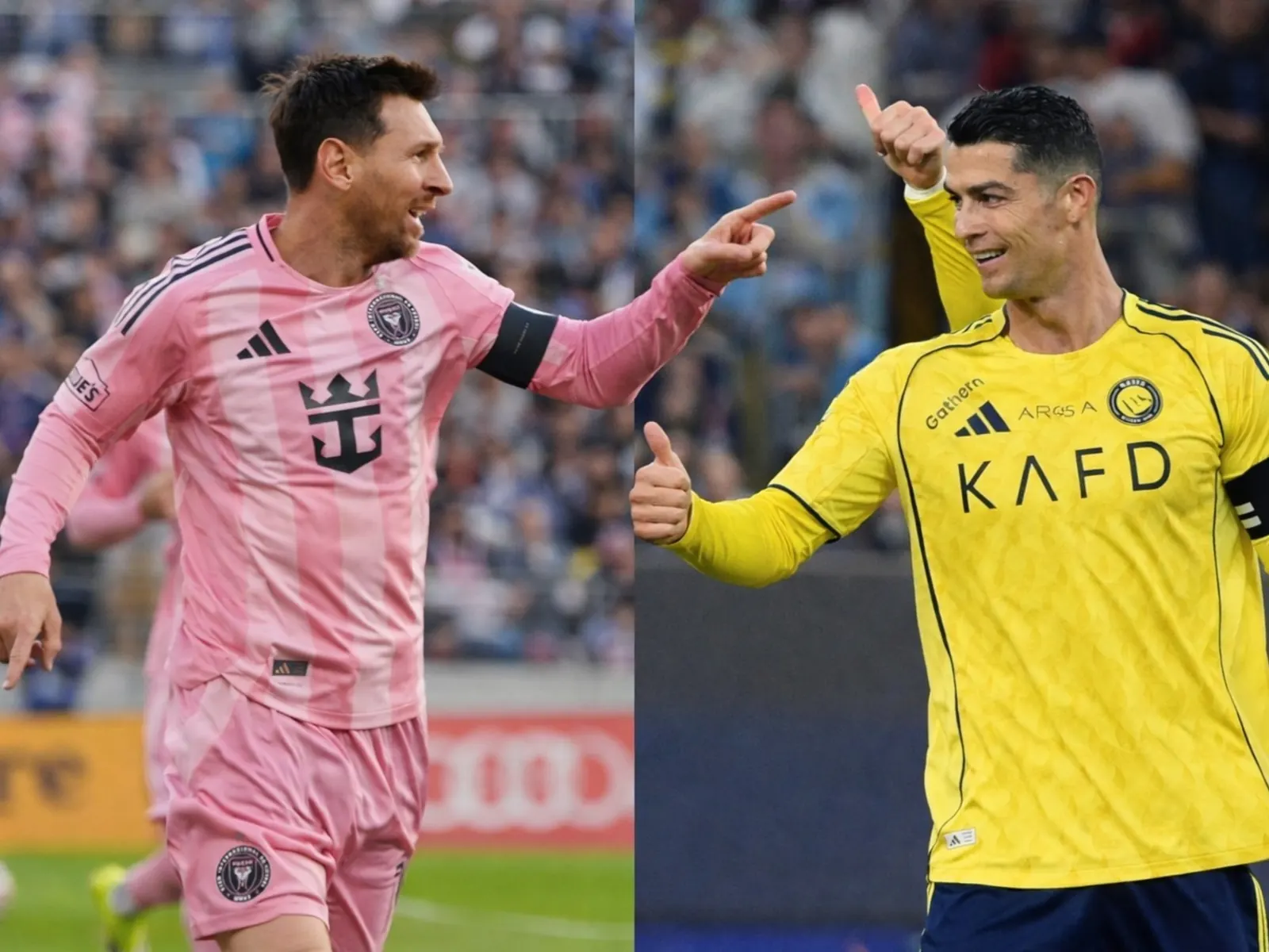 Lionel Messi and Cristiano Ronaldo in separate club owner poses representing CD Eldense and UD Almería